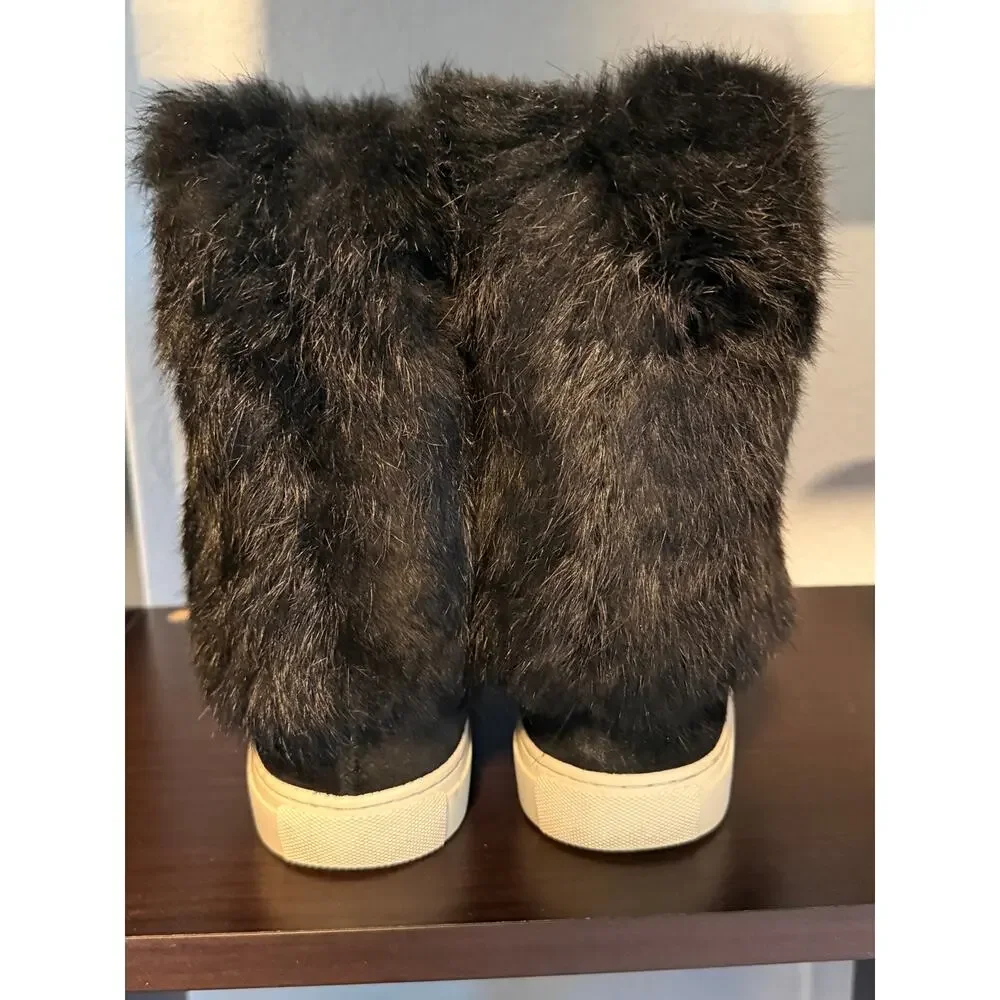 Tory Burch Black Rabbit Fur Suded Angelica Sneaker Boot - Size 8